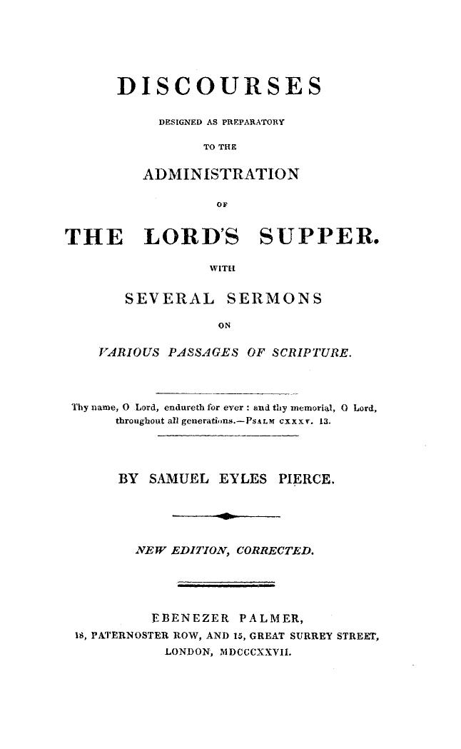 Discourses on the Administration of Lord's Supper